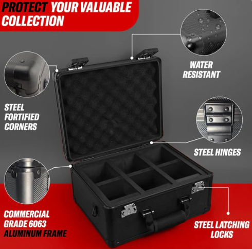 Hobby Defense graded card case features overview — steel fortified corners, steel hinges, steel latching locks, water resistant, commercial grade 6063 aluminum frame