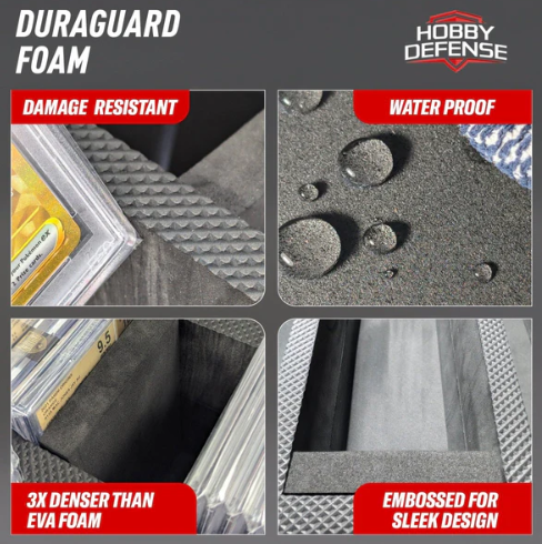 Hobby Defense DuraGuard foam detail — damage resistant, waterproof, 3x denser than EVA foam, embossed design for PSA BGS graded card protection
