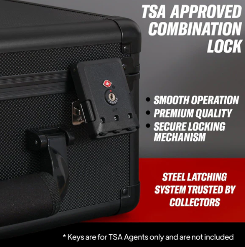 Close-up of Hobby Defense TSA-approved combination lock on graded card case — smooth operation, premium quality, secure steel latching system trusted by collectors