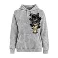 Front of vintage light grey wash hoodie with Gengar looming above Mimikyu in a dark Halloween graphic