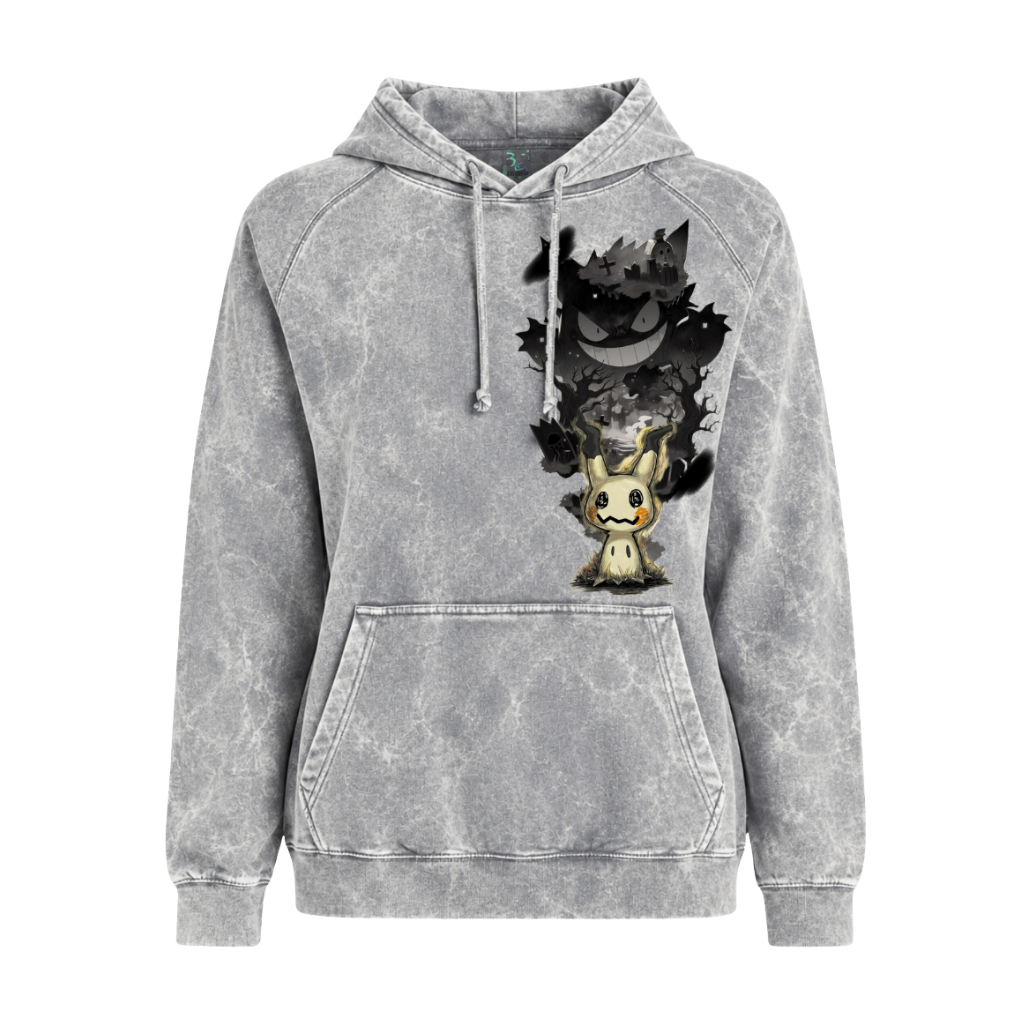 Front of vintage light grey wash hoodie with Gengar looming above Mimikyu in a dark Halloween graphic
