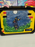 Front view of custom hand-painted Umbreon 3-row slab case — dark Umbreon with glowing red eyes and yellow ring markings in a moonlit forest clearing on yellow background, freehand acrylic artwork by 5/14 Apparel