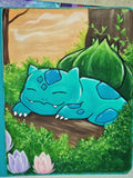 Front view of custom hand-painted Bulbasaur VaultX binder — freehand acrylic artwork featuring Bulbasaur, one-of-a-kind Pokemon card binder by 5/14 Apparel
