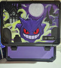 Front view of custom hand-painted Gengar 3-row slab case — purple Gengar with red eyes and wide grin surrounded by neon green ghost energy on purple background, freehand acrylic artwork by 5/14 Apparel