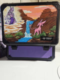 5/14 Apparel custom hand-painted Mewtwo and Espeon slab case — Mewtwo in psychic energy above clouds and Espeon beside canyon waterfall at golden hour sunset, one-of-one acrylic art on Worthy and UHZBTEC slab case