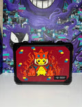 Front view of custom hand-painted Charizard Poncho Pikachu limited quantity 3-row slab case — Pikachu in Charizard costume surrounded by orange flames on red background, freehand acrylic artwork by 5/14 Apparel