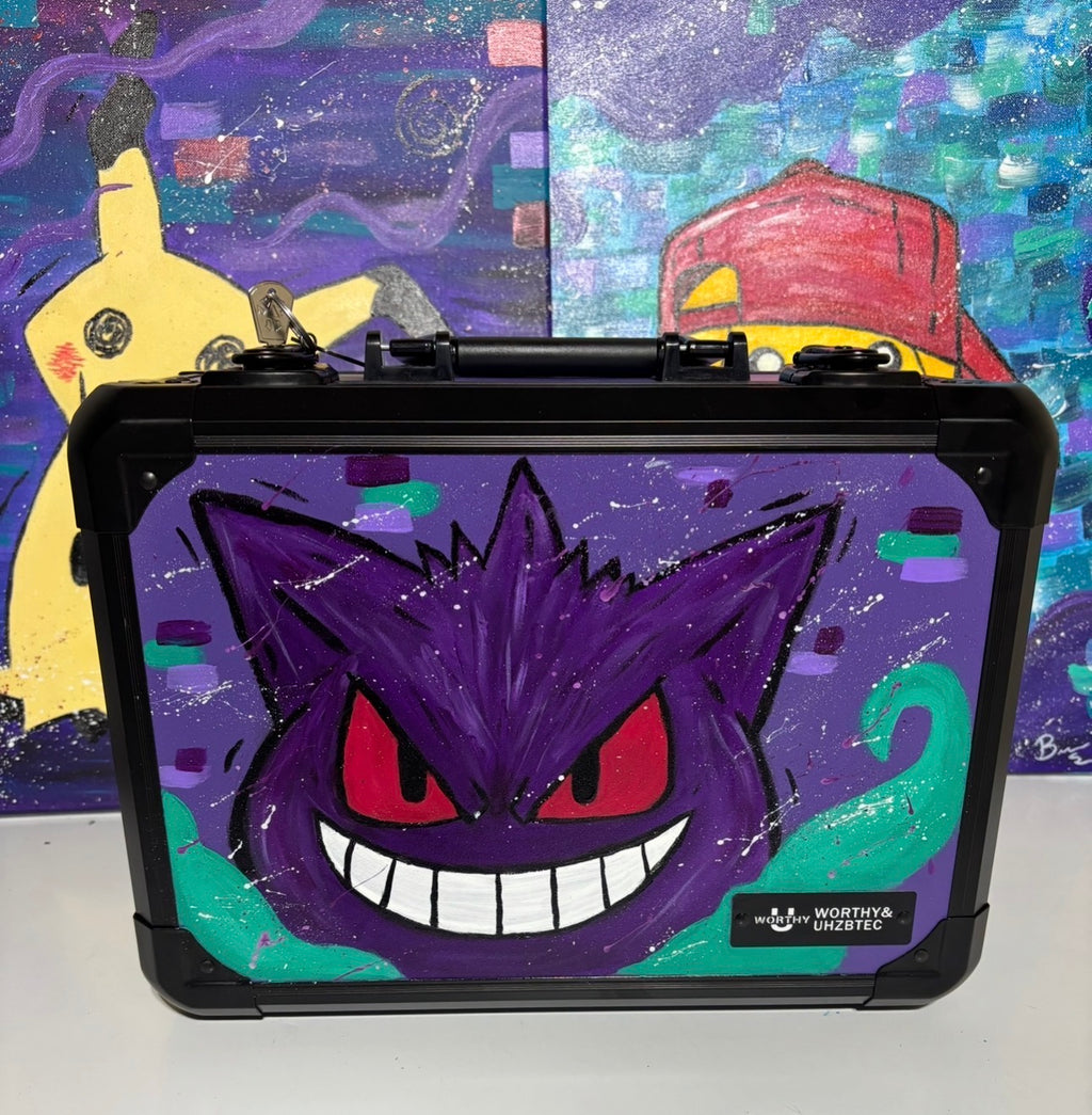 Front view of custom hand-painted Gengar limited quantity 3-row slab case — purple Gengar with red eyes and wide grin surrounded by neon green energy on purple background, freehand acrylic artwork by 5/14 Apparel