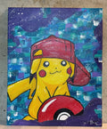5/14 Apparel hand-painted Pikachu canvas art — Pikachu in red cap with Pokeball in bold acrylic on blue geometric mosaic background, original one-of-one Pokemon canvas painting