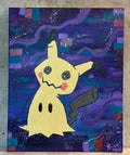 5/14 Apparel hand-painted Mimikyu canvas art — Mimikyu in yellow acrylic on deep purple galaxy background with teal and red geometric blocks, original one-of-one Pokemon canvas painting