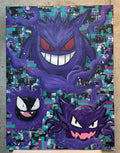 5/14 Apparel hand-painted Gengar evolution canvas art — Gengar, Haunter, and Gastly in purple acrylic on teal and black mosaic background, original one-of-one Pokemon canvas painting