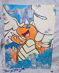 5/14 Apparel hand-painted Mega Dragonite canvas art — Dragonite in orange acrylic with bold black outlines on blue and teal geometric mosaic background, original one-of-one Pokemon canvas painting
