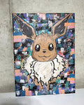 5/14 Apparel hand-painted Eevee canvas art — Eevee portrait in brown and cream acrylic on colorful mosaic background with teal and pink geometric blocks, original one-of-one Pokemon canvas painting