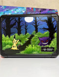 Front view of custom hand-painted Gengar and Mimikyu limited quantity 3-row slab case — Mimikyu and Gengar lurking in a moonlit dark forest on deep blue-purple background, freehand acrylic artwork by 5/14 Apparel
