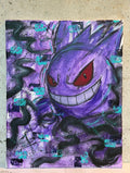 Hand-painted Gengar canvas — freehand acrylic art on 16x20 canvas with purple tones, red eyes, and teal shadow accents. 1 of 1 original by 5/14 Apparel.