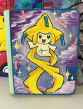 5/14 Apparel Custom Jirachi Binder — hand-painted Jirachi floating in a purple starlit sky, freehand acrylic art on light green top loader binder