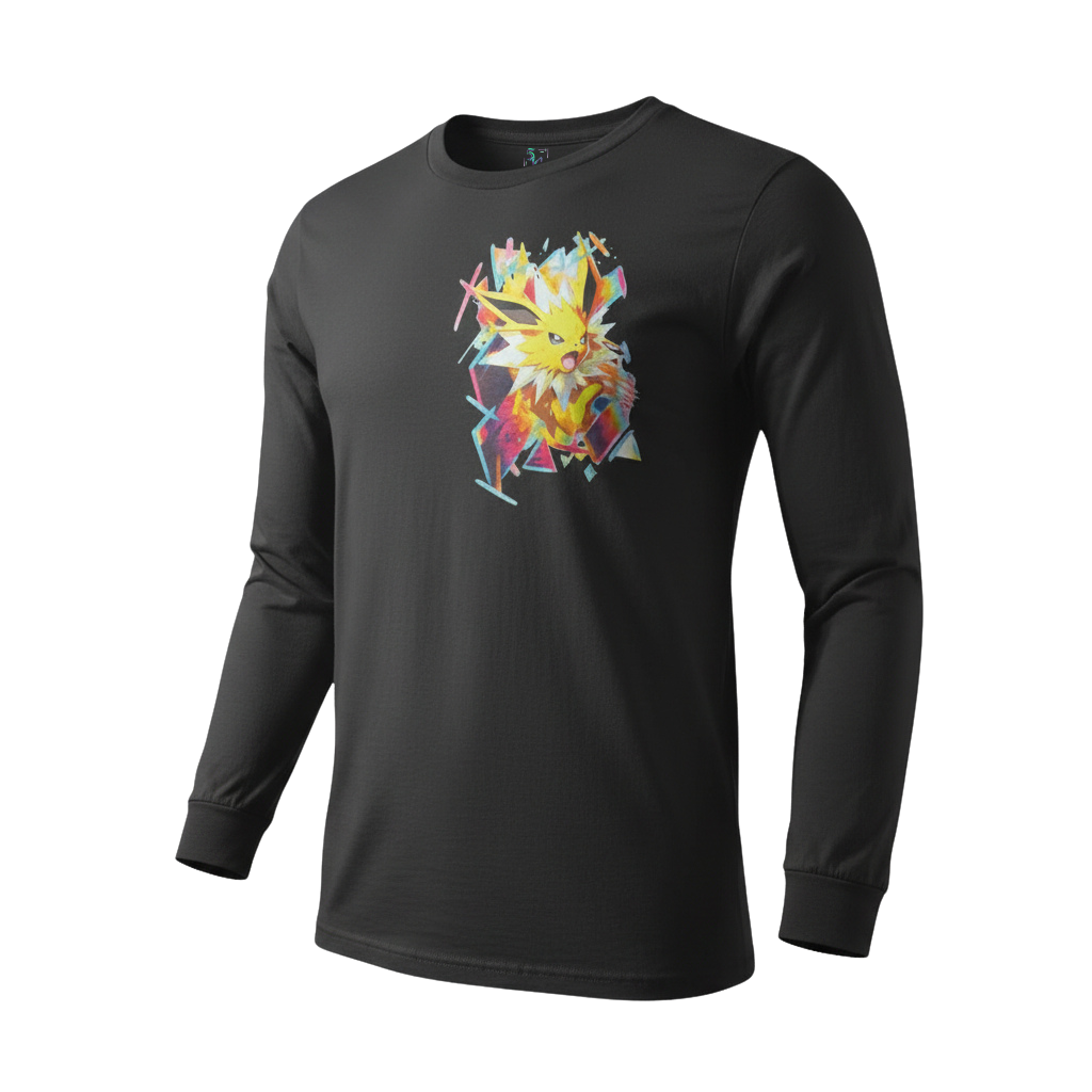 Front view of 5/14 Apparel Jolteon limited edition black long sleeve — Jolteon graphic with geometric accents on chest, premium Pokemon apparel