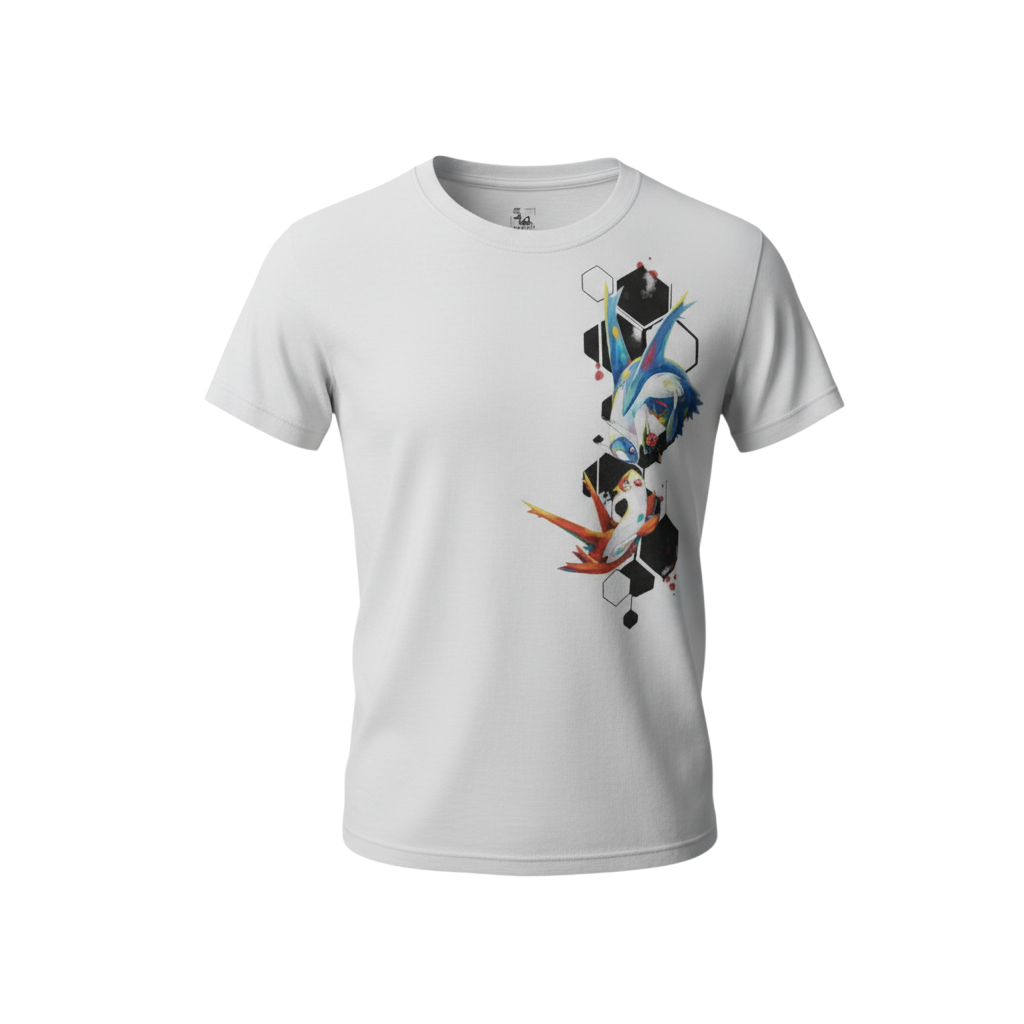 Front view of 5/14 Apparel Latios and Latias white tee — Latios and Latias in black hexagon geometric vertical graphic on chest, premium Pokemon graphic tee
