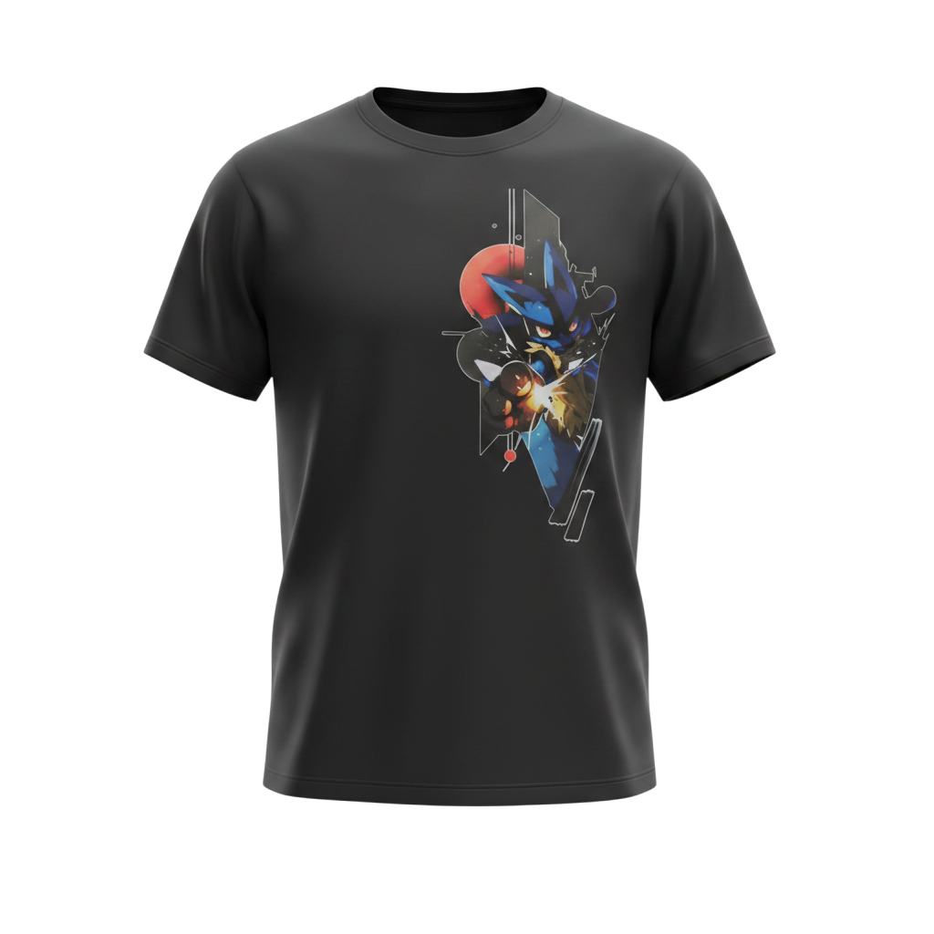 Black Lucario graphic tee, front view, featuring colorful Lucario aura artwork