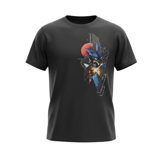Black Lucario graphic tee, front view, featuring colorful Lucario aura artwork