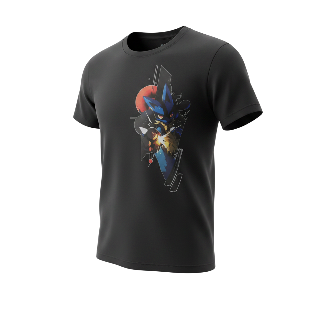 Black Lucario graphic tee shown at an angle, highlighting the front print and regular fit