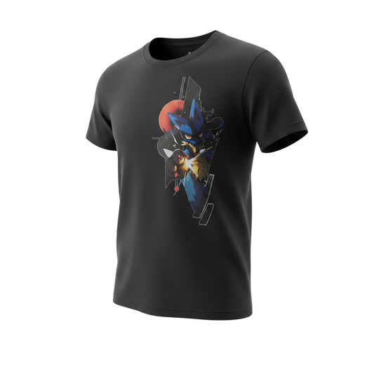 Black Lucario graphic tee shown at an angle, highlighting the front print and regular fit