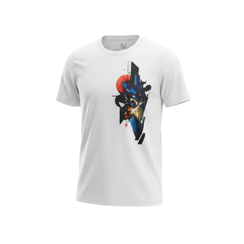White Lucario graphic tee, front view, featuring the Lucario aura artwork