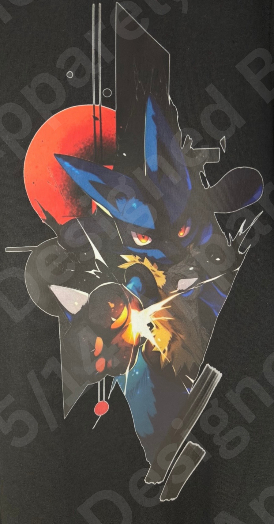 Close-up of the Lucario aura graphic artwork printed on the tee