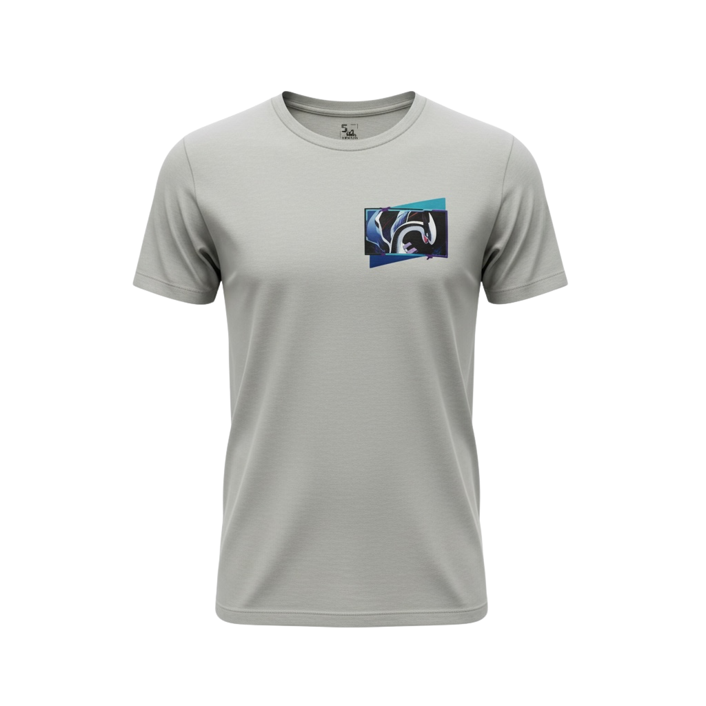 Front view of 5/14 Apparel Lugia gray tee — Lugia close-up panel graphic in blue and teal on left chest, premium Pokemon graphic tee