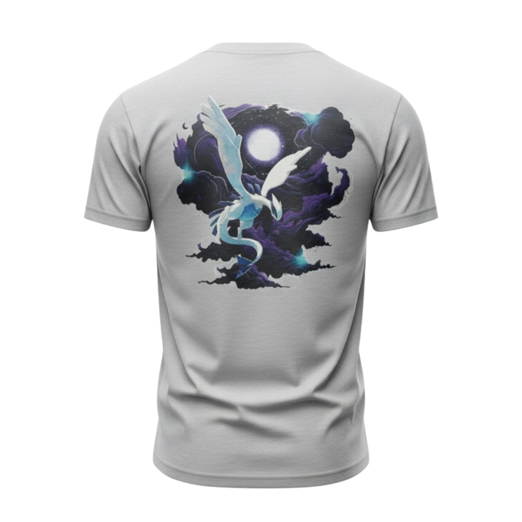 Back view of 5/14 Apparel Lugia gray tee — Lugia soaring through dark storm clouds with full moon, large back graphic, premium Pokemon graphic tee