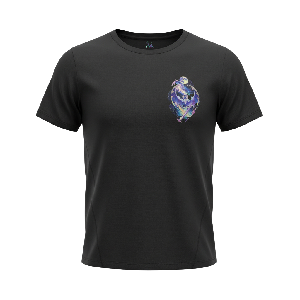 Front view of 5/14 Apparel Lunala black tee — Lunala galaxy graphic on left chest with full moon, premium Pokemon graphic tee