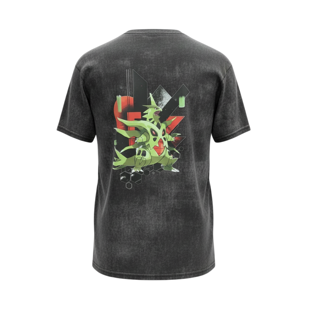 Back view of 5/14 Apparel Mega Tyranitar vintage black wash tee — Mega Tyranitar in green and red geometric shatter back graphic, premium Pokemon graphic tee