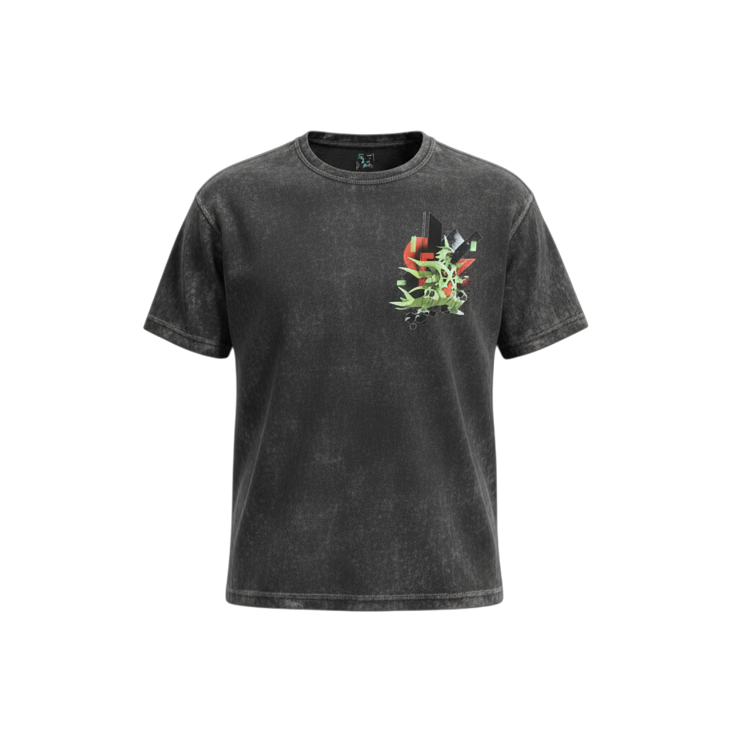 Front view of 5/14 Apparel Mega Tyranitar vintage black wash tee — Mega Tyranitar geometric shatter small chest graphic, premium Pokemon graphic tee