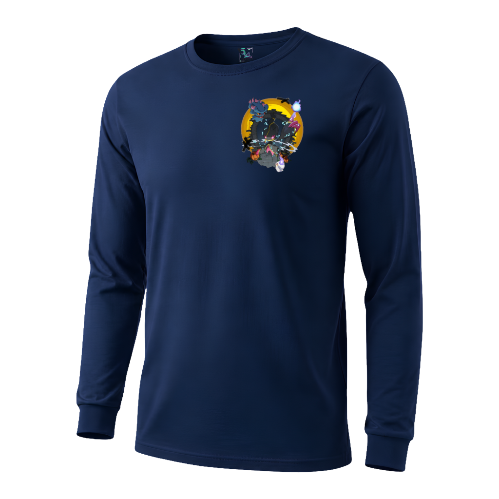 Front of navy Mega Banette long-sleeve shirt with small Halloween chest graphic