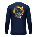 Back of navy Mega Banette long-sleeve shirt with large graphic against an orange moon