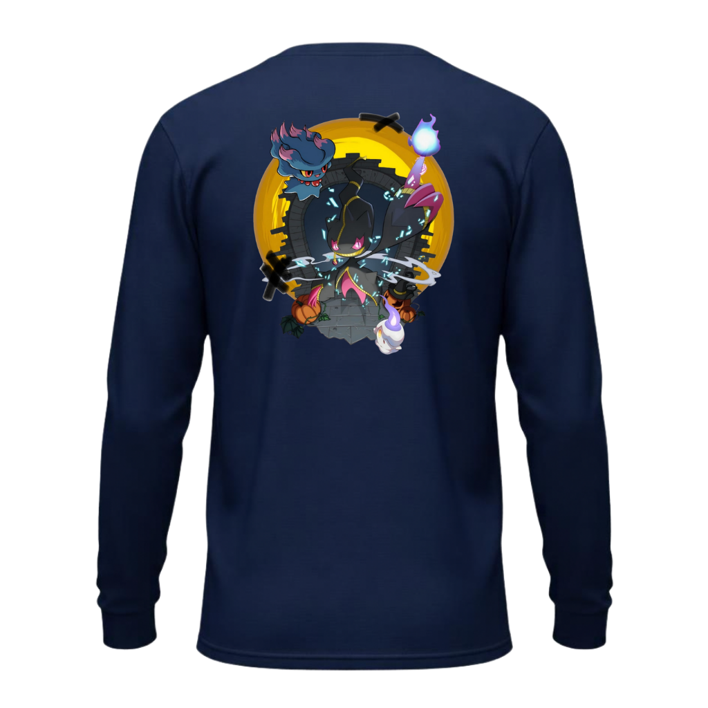 Back of navy Mega Banette long-sleeve shirt with large graphic against an orange moon