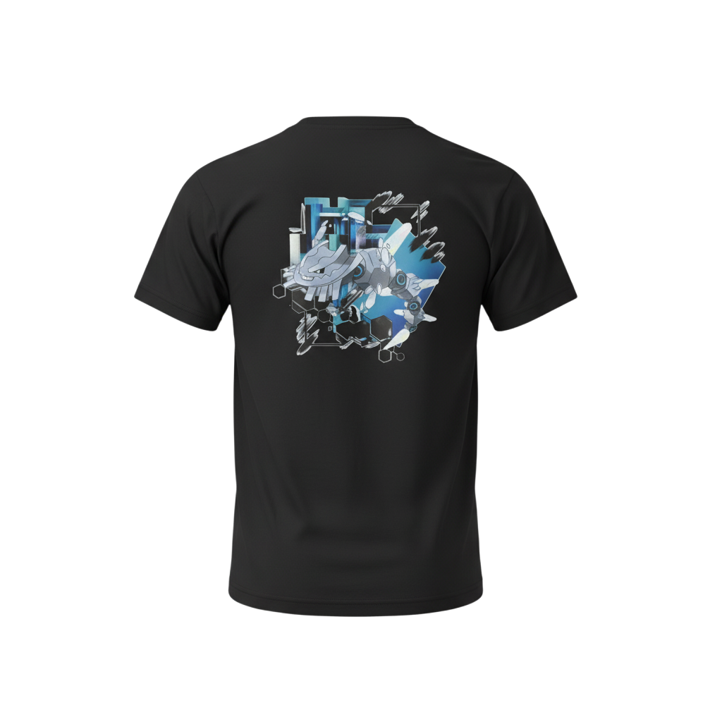 Back view of 5/14 Apparel Mega Steelix black tee — Mega Steelix in blue geometric hexagon frame back graphic, premium Pokemon graphic tee