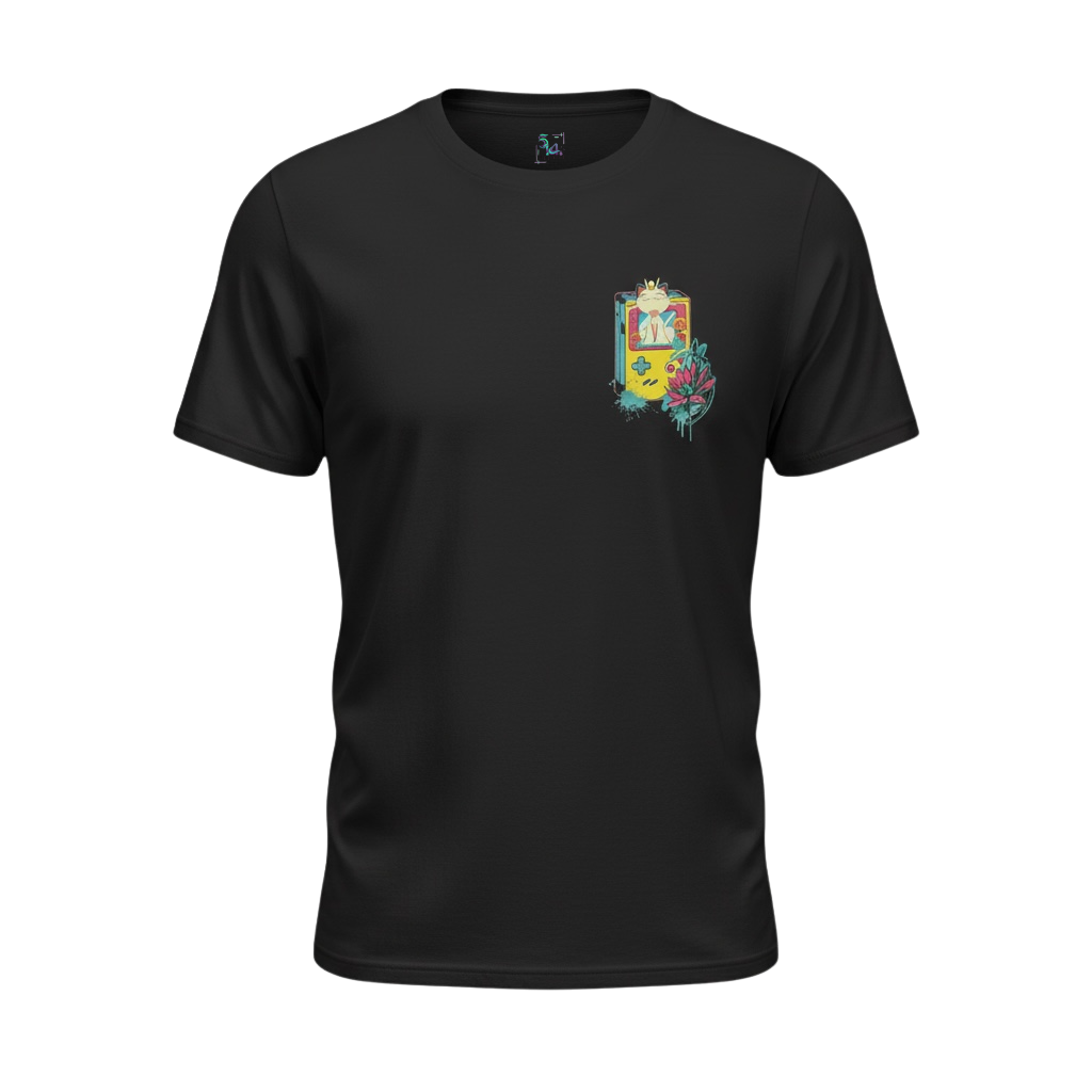 Front view of 5/14 Apparel Meowth Retro black tee — Meowth on Game Boy with lotus flower small chest graphic, premium Pokemon graphic tee