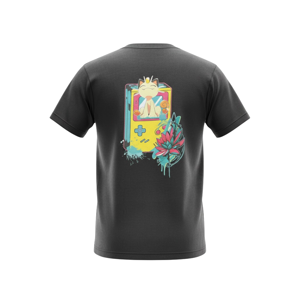 Back view of 5/14 Apparel Meowth Retro black tee — Meowth sitting on Game Boy with lotus flower back graphic, premium Pokemon graphic tee