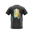 Back view of 5/14 Apparel Meowth Retro black tee — Meowth sitting on Game Boy with lotus flower back graphic, premium Pokemon graphic tee