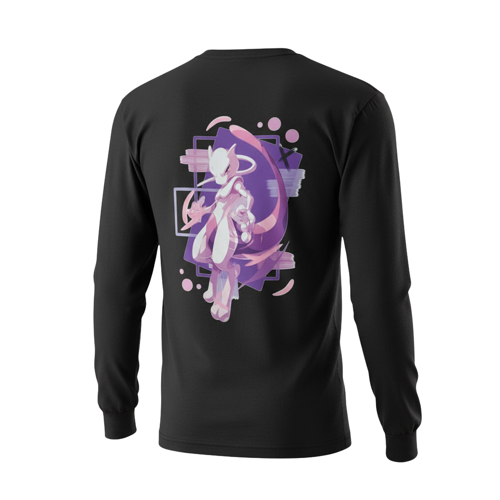 Back view of 5/14 Apparel Mewtwo limited edition black long sleeve — large Mewtwo in purple geometric frame with pink orb accents, full back graphic, premium Pokemon apparel