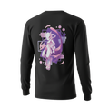 Back view of 5/14 Apparel Mewtwo limited edition black long sleeve — large Mewtwo in purple geometric frame with pink orb accents, full back graphic, premium Pokemon apparel