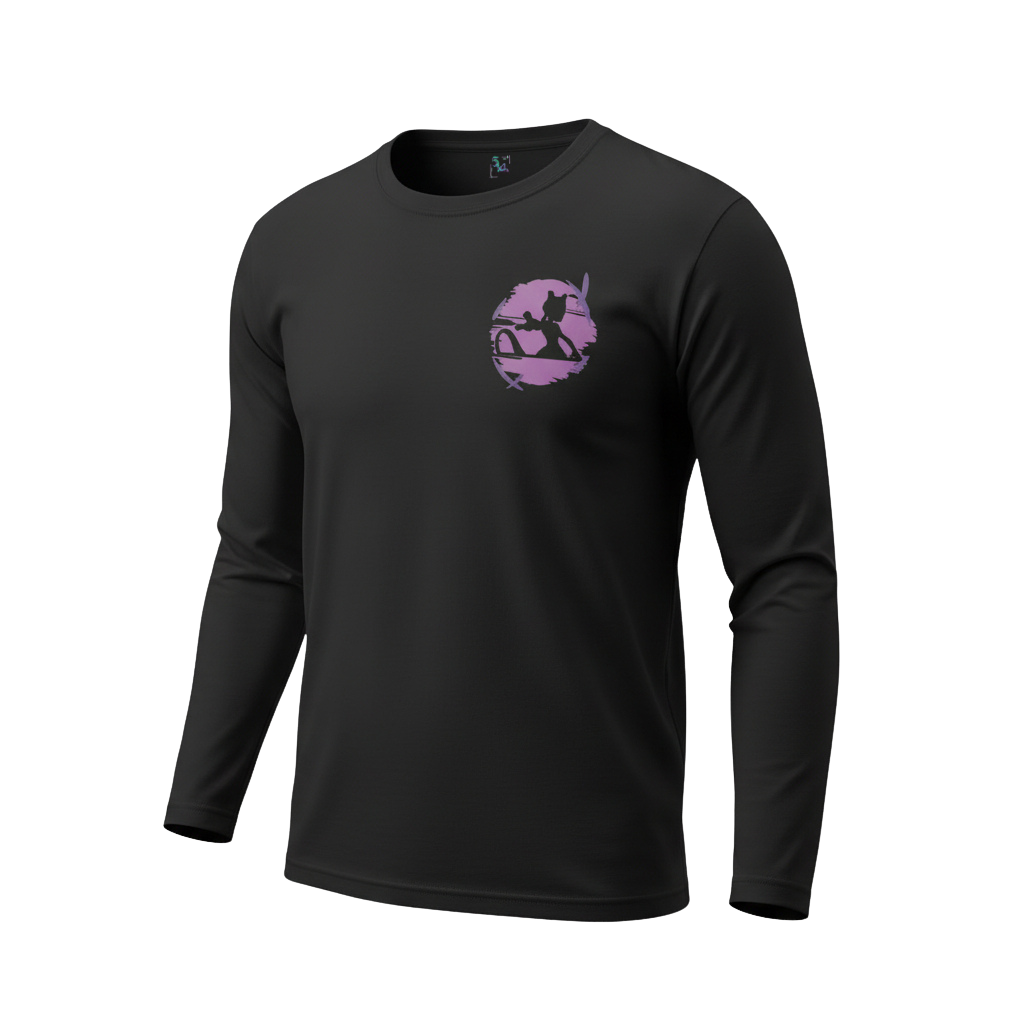 Front view of 5/14 Apparel Mewtwo limited edition black long sleeve — Mewtwo silhouette in purple circle on left chest, premium Pokemon long sleeve tee