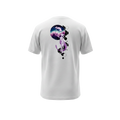 Back view of 5/14 Apparel Mew and Mewtwo white tee — Mewtwo standing with purple tail and geometric black hexagons, Mew floating inside a galaxy nebula orb, premium Pokémon graphic tee