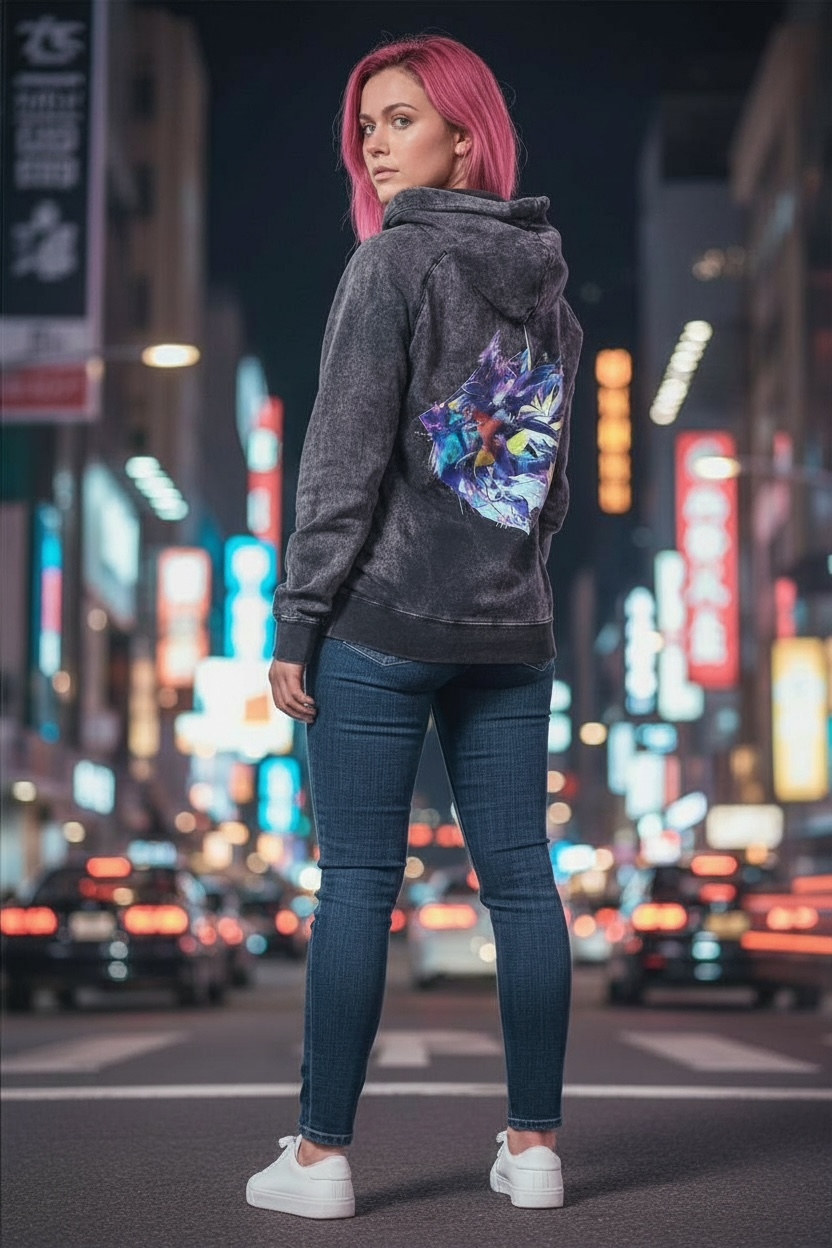 Back view of 5/14 Apparel Gible and Garchomp mineral wash black hoodie — Garchomp dynamic graphic on full back, premium vintage wash Pokemon hoodie