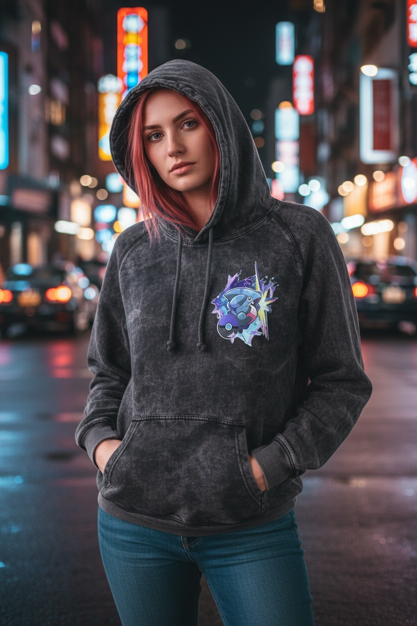 Front view of 5/14 Apparel Gible and Garchomp mineral wash black hoodie — Gible graphic on left chest, premium vintage wash Pokemon hoodie