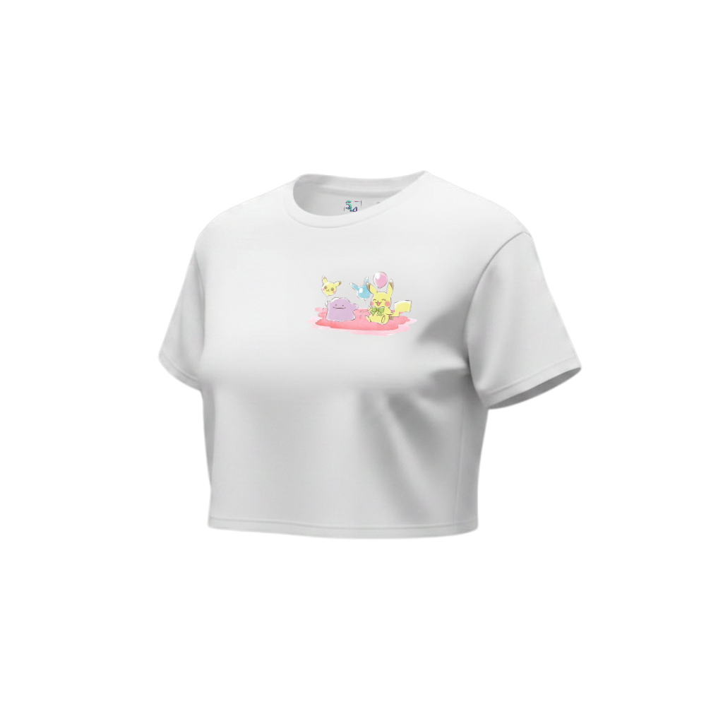 Ditto and Pikachu crop tee, front view, showing colorful Ditto and Pikachu graphic design