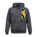 5/14 Apparel Pikachu vintage grey wash hoodie — Pikachu bursting through shattered black hexagon panel with lightning bolt, chest print on mineral washed unisex hoodie