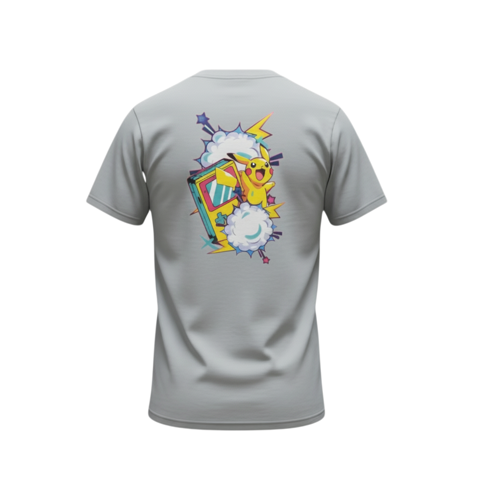 Back view of 5/14 Apparel Pikachu Retro gray tee — Pikachu bursting from Game Boy with lightning bolts back graphic, premium Pokemon graphic tee