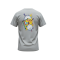 Back view of 5/14 Apparel Pikachu Retro gray tee — Pikachu bursting from Game Boy with lightning bolts back graphic, premium Pokemon graphic tee
