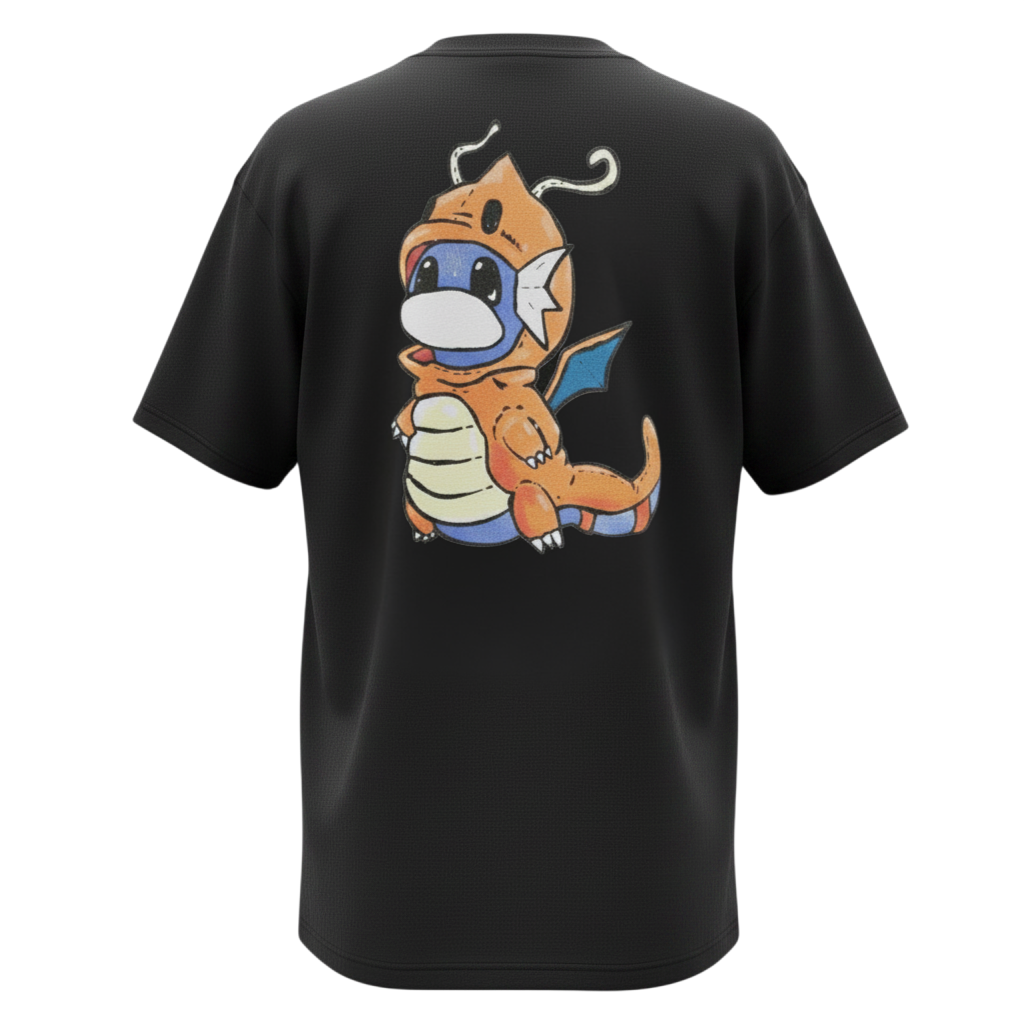 Back view of 5/14 Apparel Dratini Poncho black tee — Dratini wearing Dragonite poncho costume large back graphic, premium Pokemon graphic tee
